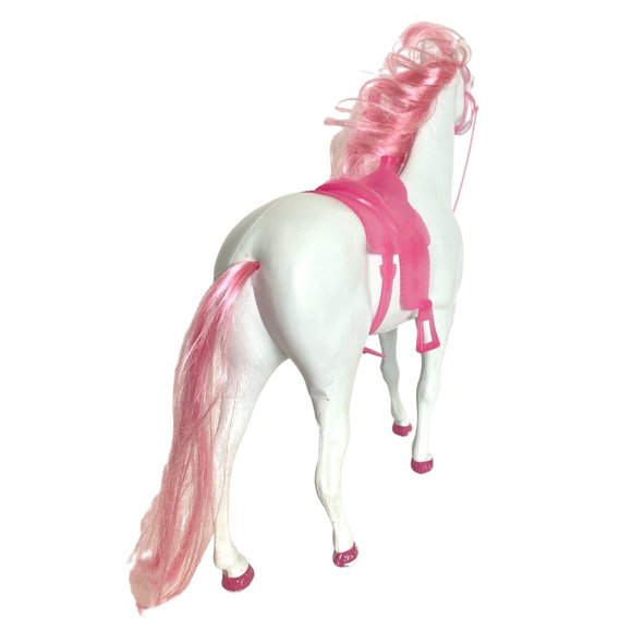 White Blow Mold Horse With Pink Hair Hooves Saddle Bridle 11in Tall - Picture 8 of 16